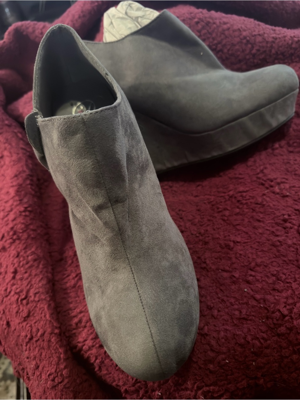 Women's Gray Suede Wedge Booties - Comfortable Slip-On Style